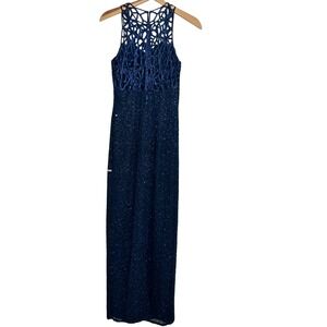 Vintage 90's Scala Blue Beaded Silk Gown Open Lattice Back Formal Evening Size M